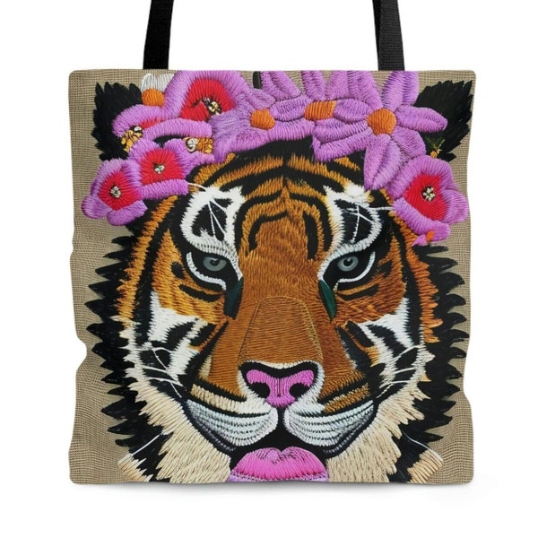 Sac fourre-tout tigre. Le sac à main floral élégant et imitation broderie est un sac écologique, réutilisable et lavable avec une esthétique de sac fourre-tout Consuela Designer.