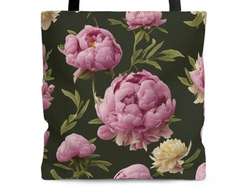 Floral tote bag in pink white peony. Original art illustration, eco-friendly, reusable flower purse with a botanical tote bag aesthetic