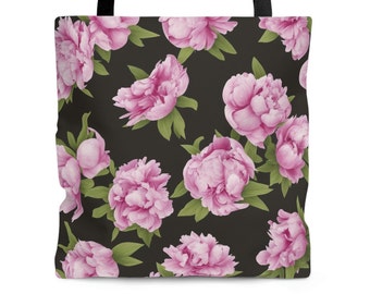 Floral tote bag in pink peonies. Original art, eco-friendly, reusable, flower purse with a botanical tote bag aesthetic spring garden