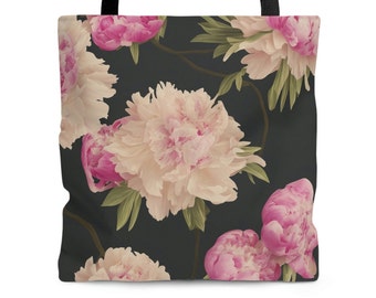 Floral tote bag in pink white peonies. Original art illustration, eco-friendly, washable flower purse with a botanical tote bag aesthetic