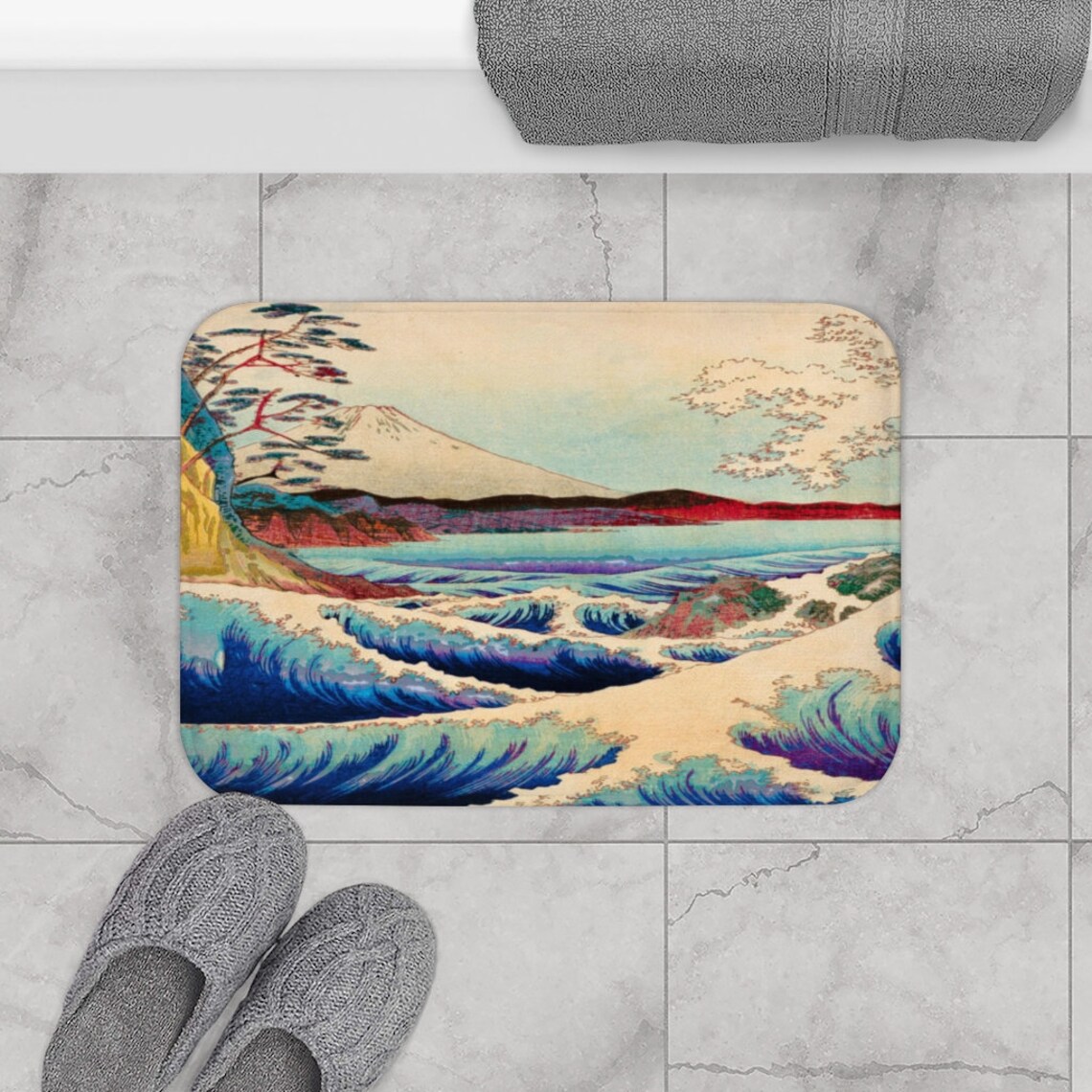 Japanese Kanagawa Mount Fuji Bath Mat Japanese Artwork Bath Etsy