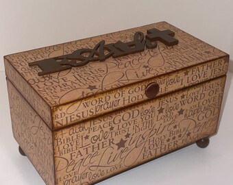 Handmade Wood Faith Jewelry Keepsake Box Medium size - Stash Box