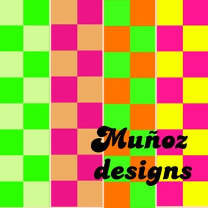 May include: A digital illustration of four checkered patterns in bright neon colors, green, yellow, orange, and pink. The text "Muñoz designs" is in black cursive font.