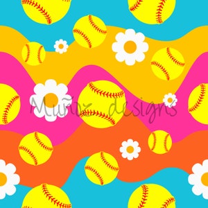 May include: A seamless pattern featuring yellow softball balls with red stitching, white daisies, and wavy lines in blue, orange, and pink.