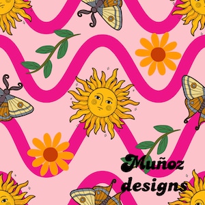 Retro sun seamless file, boho sun seamless pattern, groovy seamless file for custom fabric, sublimation, paper
