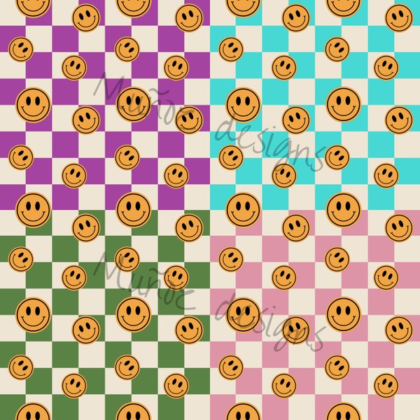 Checkered Smiley face seamless pattern, custom fabric design. Blue, purple, blush, teal checkered happy face seamless files included.