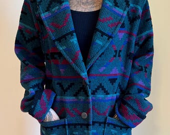 Vintage 90s Woolrich Aztec Print Wool Coat: Jewel Toned Boho Jacket