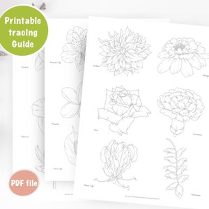 Op de afbeelding: Printbare traceerhandleiding met lijntekeningen van verschillende bloemen, waaronder een Dahlia, Goudsbloem, Roos, Anjer, Hibiscus en meer. De handleiding is gelabeld met de naam van elke bloem.