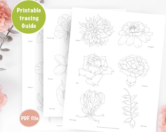 Hulplijnen voor het traceren van bloemen, bloemen leren tekenen, kleurplaten, afdrukbare werkbladen, digitale download, tekenen, klaproos, pioen, dahlia meer