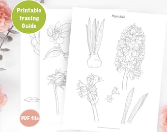 Hulplijnen voor het traceren van bloemen, bloemen leren tekenen, kleurplaten, afdrukbare werkbladen, digitale download, hoe te tekenen, lotus, hyacint, dahlia