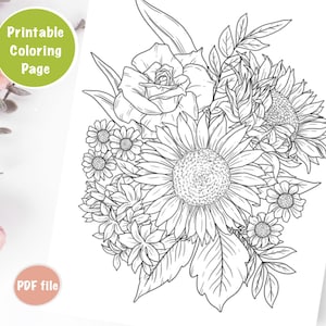 Printable Flower Coloring Pages for Adults - Sunflower flower Coloring Sheets for Relaxation, Digital Coloring page, Instant Download