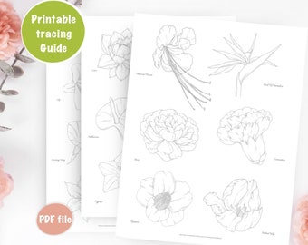 Tekenhandleidingen voor bloemen, leer bloemen tekenen, kleurplaten, printbare werkbladen, digitale download, hoe te tekenen, klaproos, pioenroos, dahlia en meer