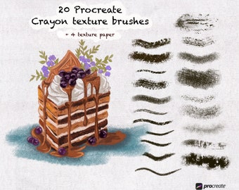 May include: 20 Procreate Crayon texture brushes + 4 texture paper. A digital illustration of a layered chocolate cake with white frosting, blueberries, and purple flowers on top. The cake is on a blue background.