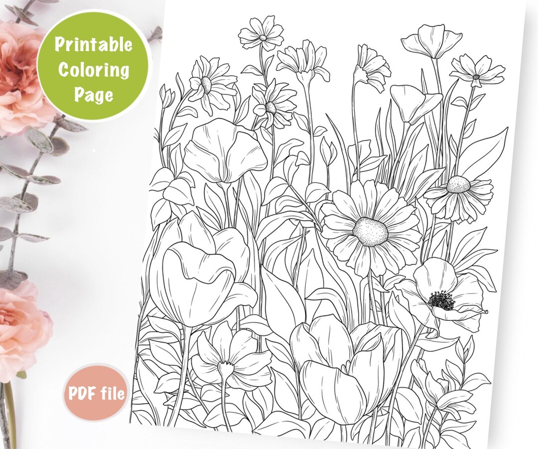 Flower Garden Coloring Page for Adults: Relaxing Floral Art (digital ...