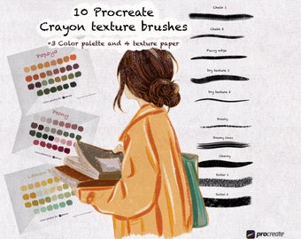 May include: A digital illustration of a woman holding a stack of books. The image includes 10 Procreate crayon texture brushes, 3 color palettes, and 4 texture paper options. The brushes are labeled with names like "Chalk 1", "Furry Edge", and "Streaky Lines".