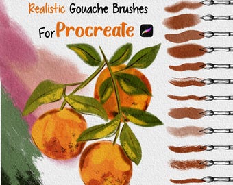May include: 26 realistic gouache brushes for Procreate, featuring a variety of brush strokes and textures. The image shows a digital illustration of oranges on a branch, with a green background.