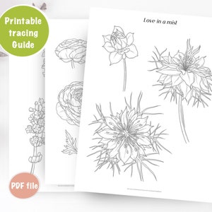 Op de afbeelding: Printbare traceerhandleiding met zwart-wit lijntekeningen van verschillende bloemen, waaronder een enkele ranonkel, een bosje lavendel en drie nigella-bloemen. De titel "Love in a mist" staat bovenaan de pagina.