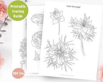 Hulplijnen voor het traceren van bloemen, bloemen leren tekenen, kleurplaten, afdrukbare werkbladen, digitale download, hoe te tekenen, pioenroos, lavendelhortensia