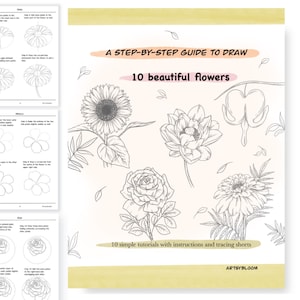 How to draw flowers, 10 Step by Step drawing guide for beginners, Learn how to draw flowers, printable worksheets, digital download Ebook