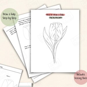 May include: A stack of white paper sheets with step-by-step instructions on how to draw a tulip. The top sheet has a detailed tulip drawing. Text includes "Draw a Tulip Step-by-Step" and "How to draw a tulip Step by step guide".