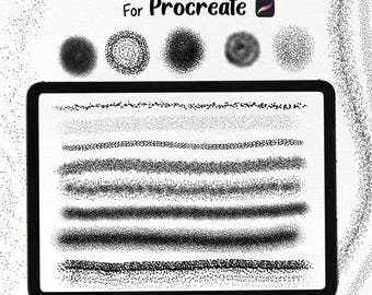 May include: A digital tablet screen displaying 57 stipple and line brushes for Procreate. The brushes are shown as black lines and dots on a white background. The text "57 Stipple and line brushes" and "For Procreate" is displayed at the top of the screen.