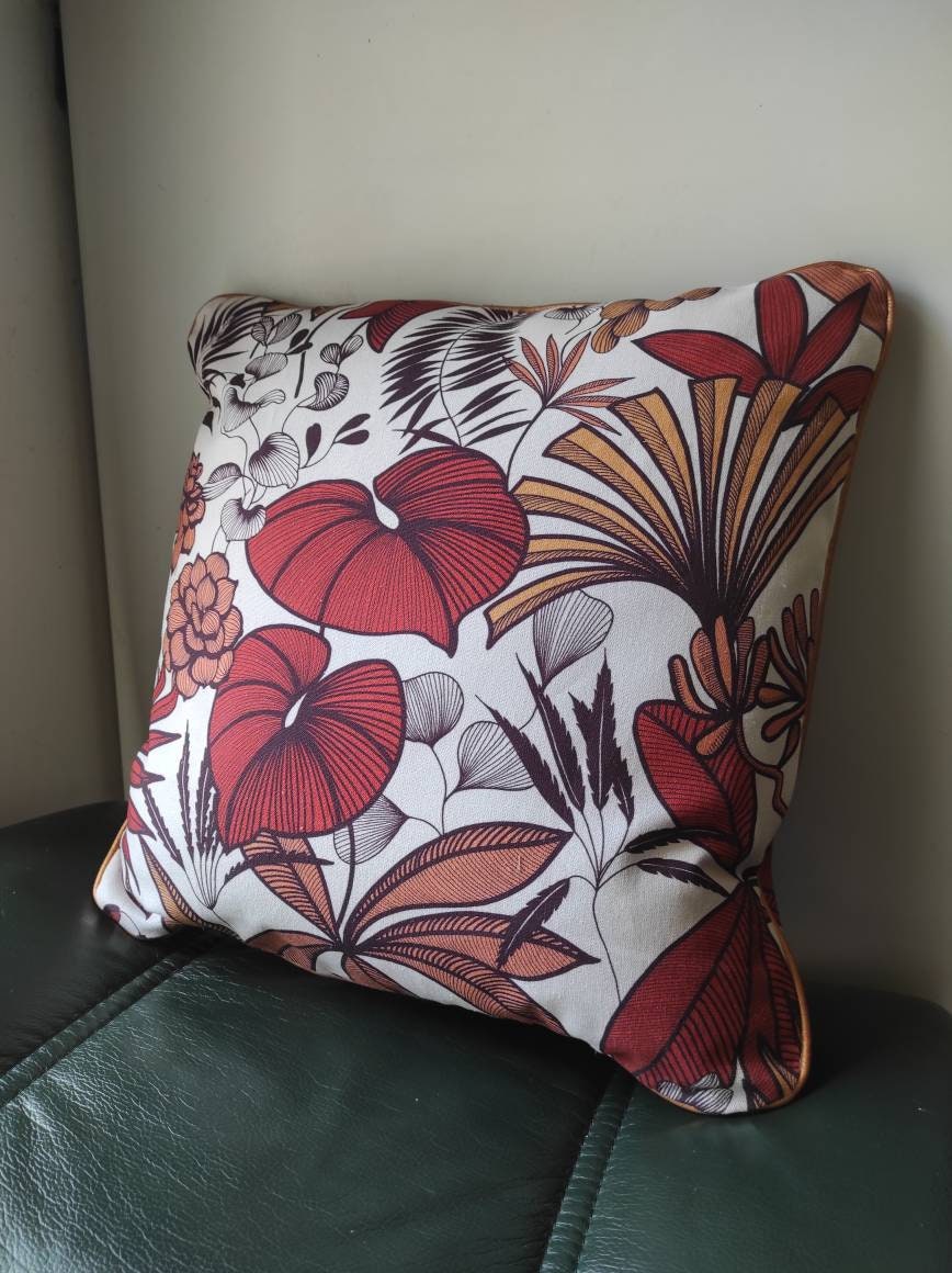 Housse de Coussin Motif Végétale Rouge Orangé et Cuivre