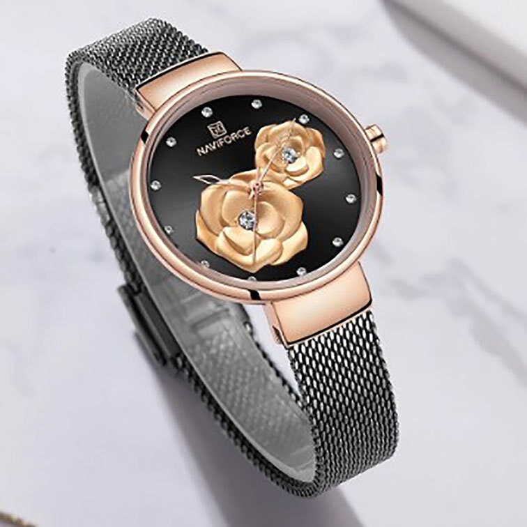 Stainless steel Band  Luxury Brand women Watch Fashion Creative 3D Rose Women wrist watch with Gift box