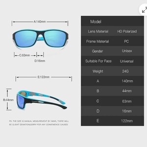 May include: Blue and black unisex sunglasses with HD polarized lenses. The frame is PC material. The glasses are 140mm wide, 63mm high, and 16mm thick. The weight is 24 grams.