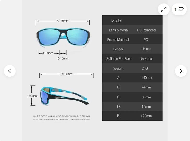 May include: Blue and black unisex sunglasses with HD polarized lenses. The frame is PC material. The glasses are 140mm wide, 63mm high, and 16mm thick. The weight is 24 grams.