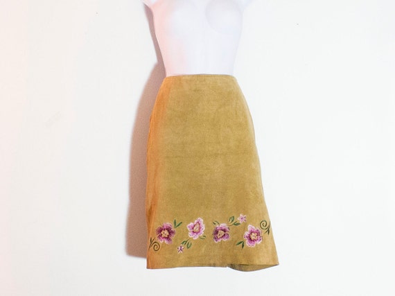 Tan Suede Skirt Midi { 90s Vintage floral embroid… - image 2