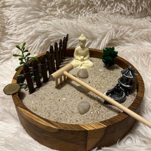 Compact Zen Garden in wooden bowl with accessories