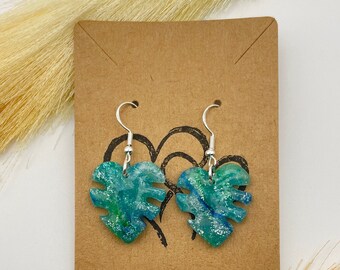 CLAY EARRINGS | Blue & Green Translucent Marble Monstera | handmade | lightweight | polymer clay | hypoallergenic |