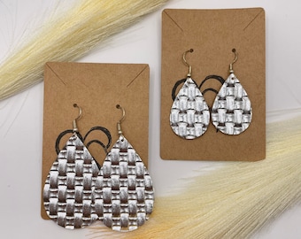 FAUX LEATHER EARRINGS | Silver Basket Weave Teardrop | handmade | lightweight | hypoallergenic |