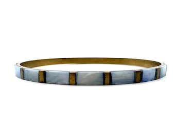 Vintage Brass Blue Mother of Pearl Inlay Bangle 8 3/4" Bracelet