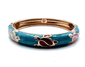Vintage Turquoise Enamel Turtle Bangle Bracelet – Gold Tone Hinged Jewelry