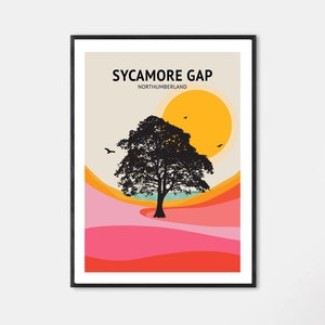 Impression d'affiche de voyage Sycamore Gap Northumberland, impression funky rose vif, North East Tyne & Wear Angleterre Royaume-Uni