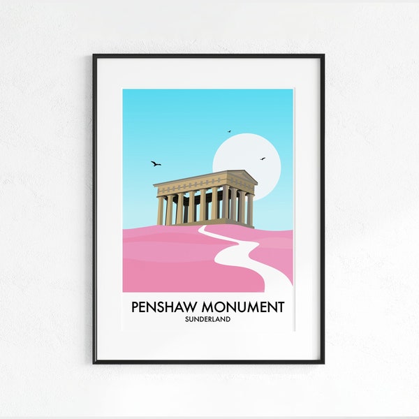 Penshaw Monument Hill Sunderland Travel Poster Print, Pink Bright Funky Print, North East Tyne & Wear England UK