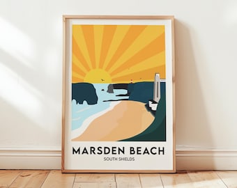 Marsden  South Beach Shields Retro Style Travel Poster Print,  North East Tyne and Wear England UK, Funky Colour Print