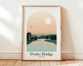 Pooley Bridge Lake District Retro Inspired Travel Poster Print Hiking