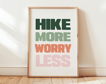 Hike More Worry Less Typography Print Retro Inspired Poster, Hiking Art
