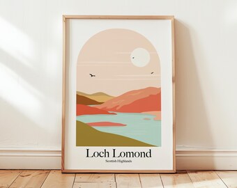 Loch Lomond Scotland Retro Inspired Travel Poster Print Hiking Scottish Highlands
