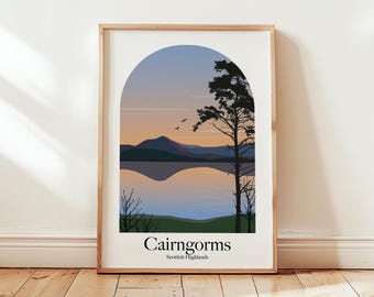 Cairngorms Scotland Retro Inspired Travel Poster Print Hiking Scottish Highlands