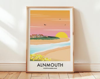 Alnmouth Northumberland Retro Inspired Travel Poster Print,  North East England UK, Funky colourful print