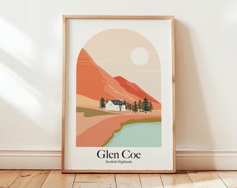 Glen Coe Scotland Retro Inspired Travel Poster Print Hiking Scottish Highlands