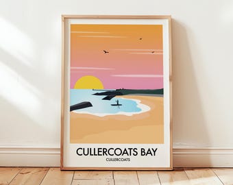 Cullercoats Bay Beach Travel Print, Cullercoats, North East Coastline, Newcastle Upon Tyne Wall Art