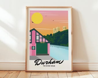 Durham Cathedral & Boating Club Travel Poster Print,  The River Wear, North East County Durham England UK