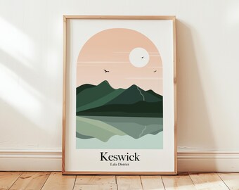 Keswick Lake District Retro Inspired Travel Poster Print, Catbells Hike Derwentwater
