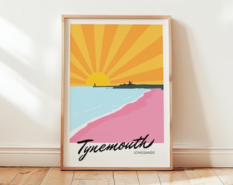 Tynemouth Longsands Beach Retro Style Travel Poster Print, Tynemouth Pier Tynemouth Priory Priory, North East Newcastle Upon Tyne Wall Art