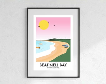 Beadnell Northumberland Retro Inspired Travel Poster Print,  North East England UK, Funky colourful print