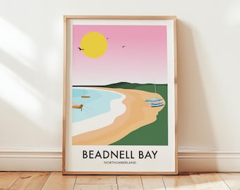Beadnell Northumberland Retro Inspired Travel Poster Print,  North East England UK, Funky colourful print